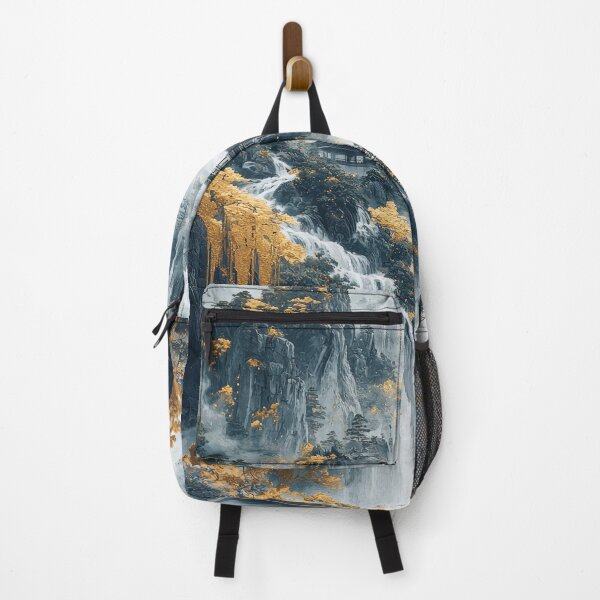 Item preview, Majestic mountain landscape with traditional building surrounded by waterfalls and golden foliage. designed and sold by Jerhus.