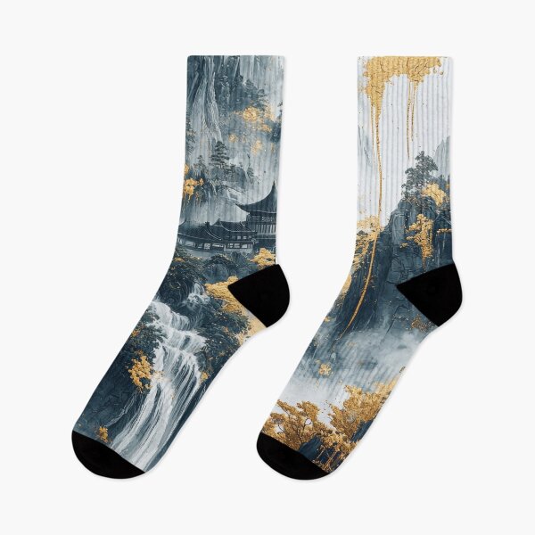 Item preview, Majestic mountain landscape with traditional building surrounded by waterfalls and golden foliage. designed and sold by Jerhus.