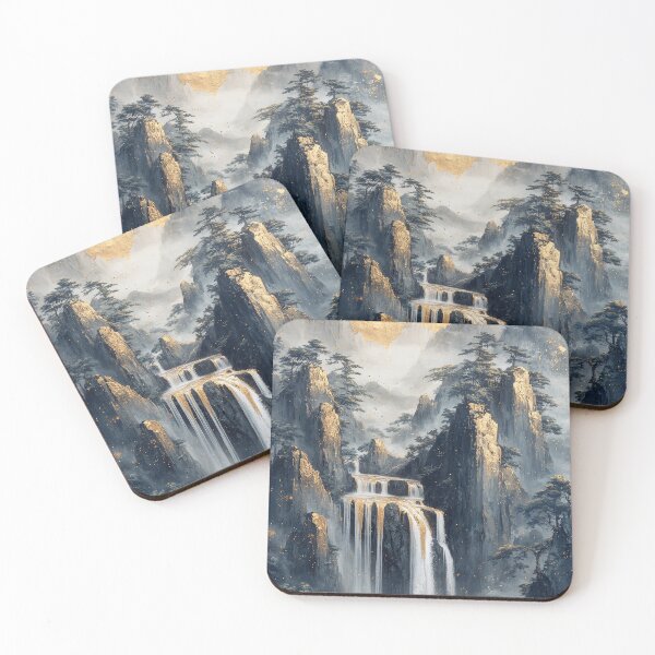 Item preview, Majestic waterfall cascading down rocky cliffs, surrounded by misty mountains and conifers at dawn. designed and sold by Jerhus.