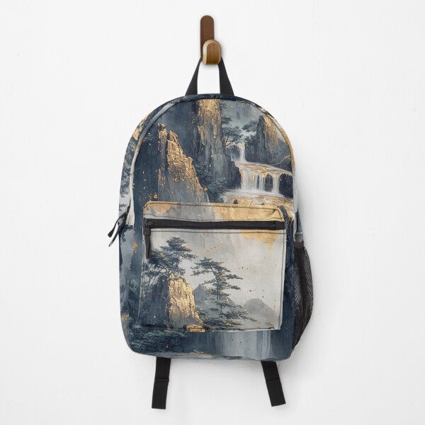 Item preview, Majestic waterfall cascading down rocky cliffs, surrounded by misty mountains and conifers at dawn. designed and sold by Jerhus.