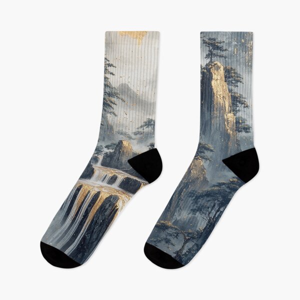 Item preview, Majestic waterfall cascading down rocky cliffs, surrounded by misty mountains and conifers at dawn. designed and sold by Jerhus.