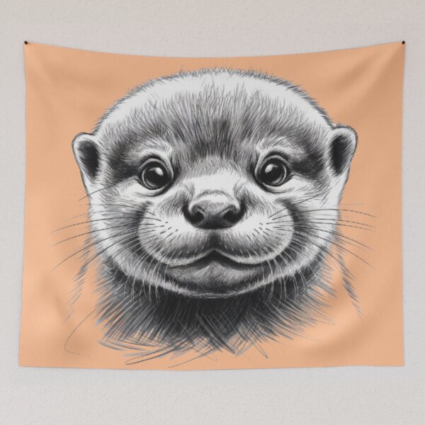 Item preview, A black and white sketch of a cute baby river otter designed and sold by 123ks.