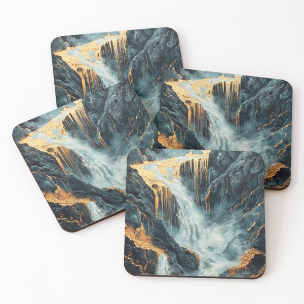Item preview, Flowing waterfall with golden highlights cascading through rocky terrain in a serene natural landscape. designed and sold by Jerhus.