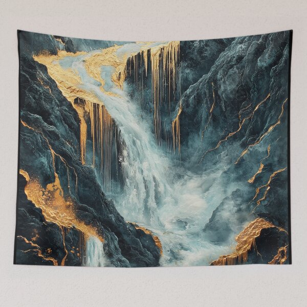 Item preview, Flowing waterfall with golden highlights cascading through rocky terrain in a serene natural landscape. designed and sold by Jerhus.