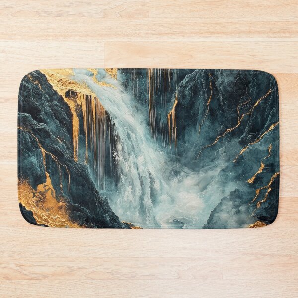 Item preview, Flowing waterfall with golden highlights cascading through rocky terrain in a serene natural landscape. designed and sold by Jerhus.