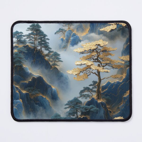 Item preview, Mountainous landscape with golden trees and mist-shrouded peaks in the morning light. designed and sold by Jerhus.