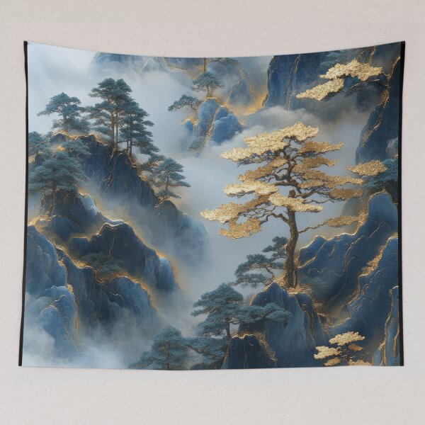 Item preview, Mountainous landscape with golden trees and mist-shrouded peaks in the morning light. designed and sold by Jerhus.