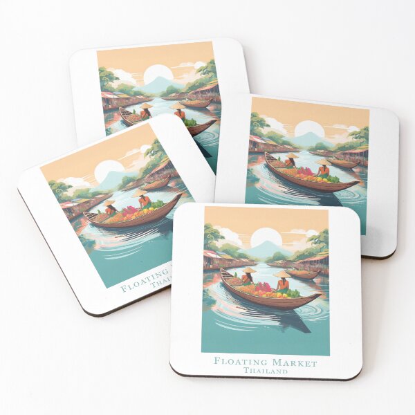 Item preview, Vintage travel poster - Minimal retro design with floating market in Thailand designed and sold by pod24.