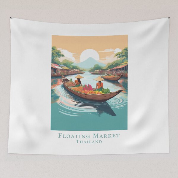 Item preview, Vintage travel poster - Minimal retro design with floating market in Thailand designed and sold by pod24.