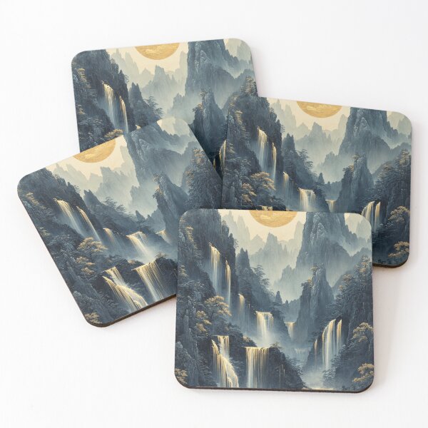 Item preview, Majestic waterfalls cascade down misty mountains under golden sunshine in a peaceful landscape. designed and sold by Jerhus.