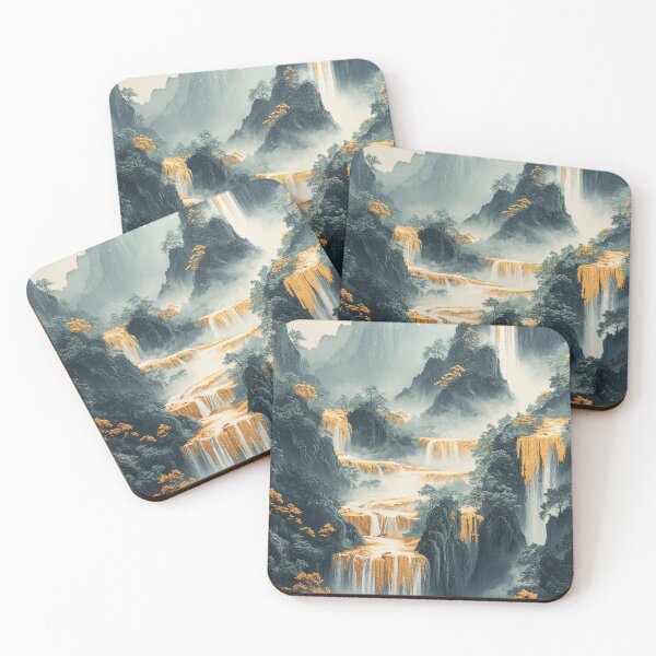Item preview, Majestic waterfalls cascade through lush mountains adorned with golden foliage in a serene landscape. designed and sold by Jerhus.
