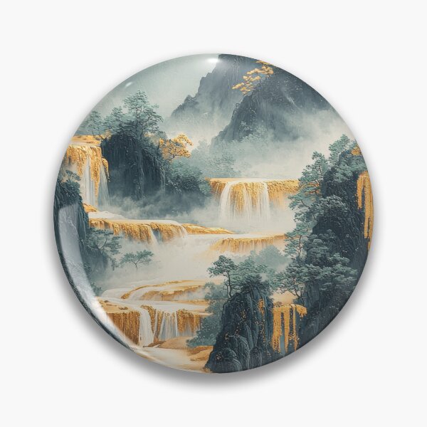 Item preview, Majestic waterfalls cascade through lush mountains adorned with golden foliage in a serene landscape. designed and sold by Jerhus.