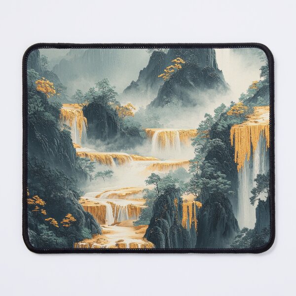 Item preview, Majestic waterfalls cascade through lush mountains adorned with golden foliage in a serene landscape. designed and sold by Jerhus.