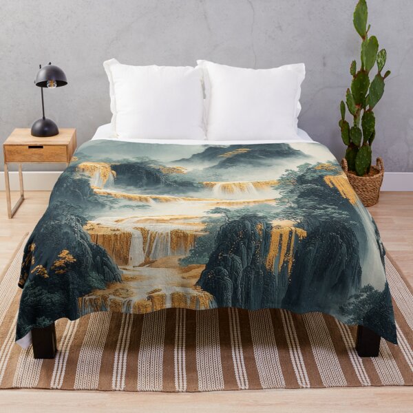 Item preview, Majestic waterfalls cascade through lush mountains adorned with golden foliage in a serene landscape. designed and sold by Jerhus.