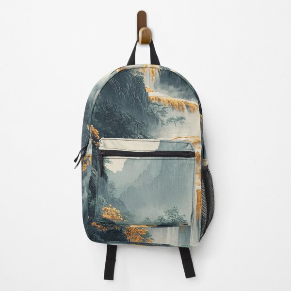 Item preview, Majestic waterfalls cascade through lush mountains adorned with golden foliage in a serene landscape. designed and sold by Jerhus.