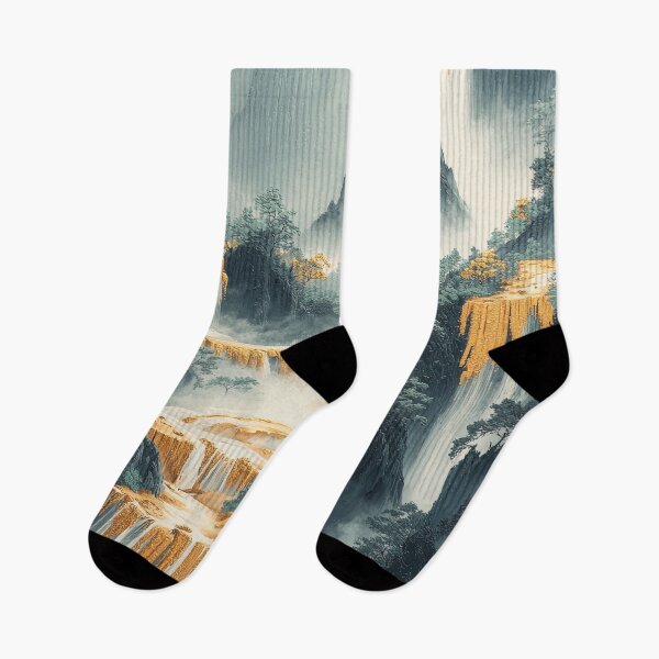 Item preview, Majestic waterfalls cascade through lush mountains adorned with golden foliage in a serene landscape. designed and sold by Jerhus.