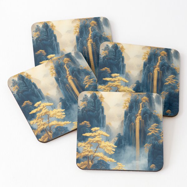 Item preview, Serene waterfall cascading down golden peaks, surrounded by misty mountains and ancient architecture. designed and sold by Jerhus.