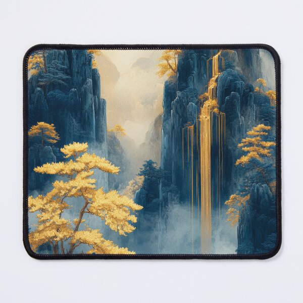 Item preview, Serene waterfall cascading down golden peaks, surrounded by misty mountains and ancient architecture. designed and sold by Jerhus.