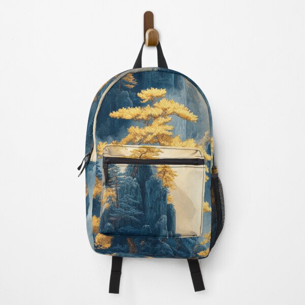 Item preview, Serene waterfall cascading down golden peaks, surrounded by misty mountains and ancient architecture. designed and sold by Jerhus.