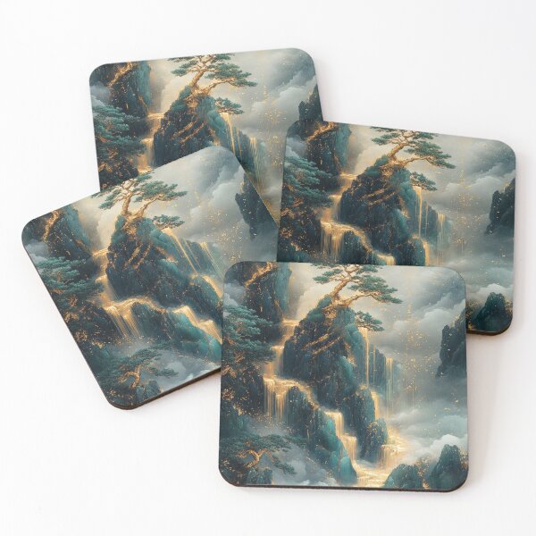 Item preview, Ethereal landscape with waterfalls and majestic trees surrounded by misty mountains, illuminated by soft morning light. designed and sold by Jerhus.