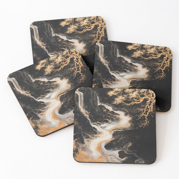 Item preview, Flowing river with golden trees and waterfall in abstract landscape artwork. designed and sold by Jerhus.