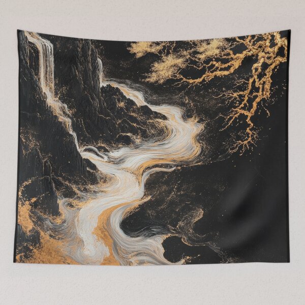 Item preview, Flowing river with golden trees and waterfall in abstract landscape artwork. designed and sold by Jerhus.