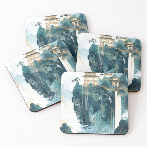 Item preview, Scenic mountain landscape with a traditional Asian pavilion above a waterfall. designed and sold by Jerhus.