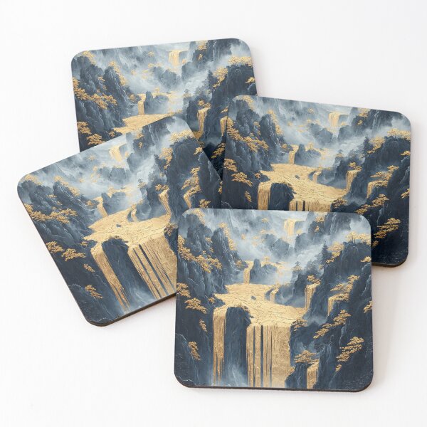 Item preview, Majestic golden waterfalls cascade through rugged mountains in an ethereal landscape. designed and sold by Jerhus.