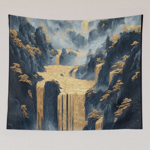 Item preview, Majestic golden waterfalls cascade through rugged mountains in an ethereal landscape. designed and sold by Jerhus.