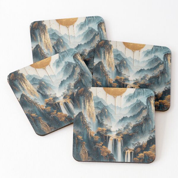 Item preview, Serene mountain landscape with waterfalls and golden sun above, in a tranquil setting. designed and sold by Jerhus.