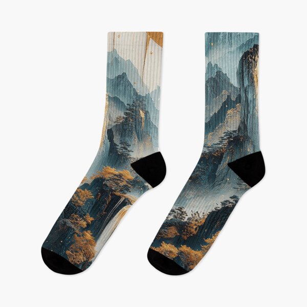 Item preview, Serene mountain landscape with waterfalls and golden sun above, in a tranquil setting. designed and sold by Jerhus.