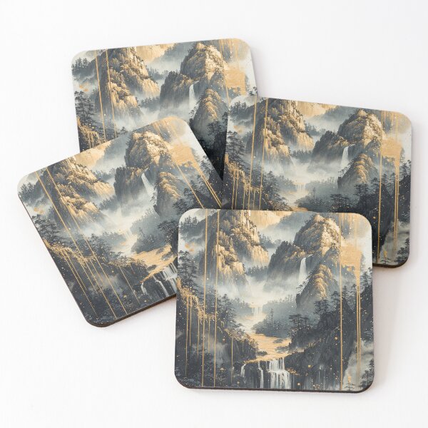 Item preview, Majestic mountains and waterfalls create a serene landscape with golden accents in the morning light. designed and sold by Jerhus.