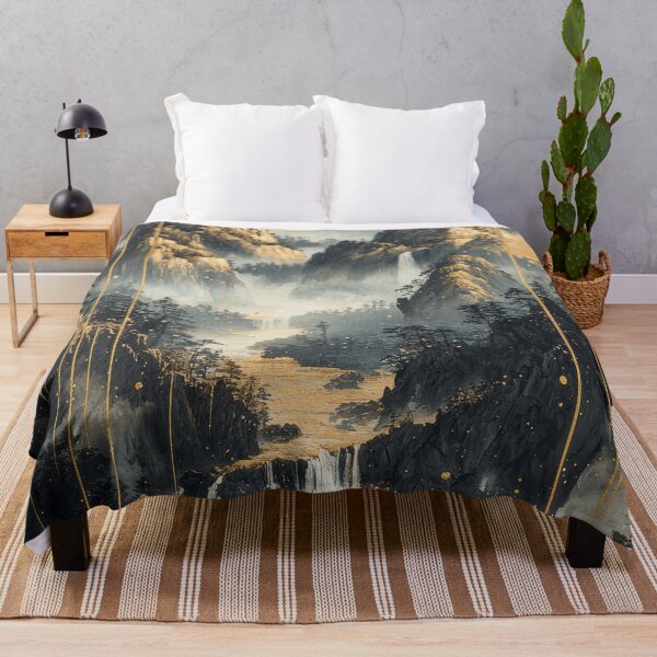 Item preview, Majestuosas montañas y cascadas crean un paisaje sereno con toques dorados a la luz de la mañana. designed and sold by Jerhus.