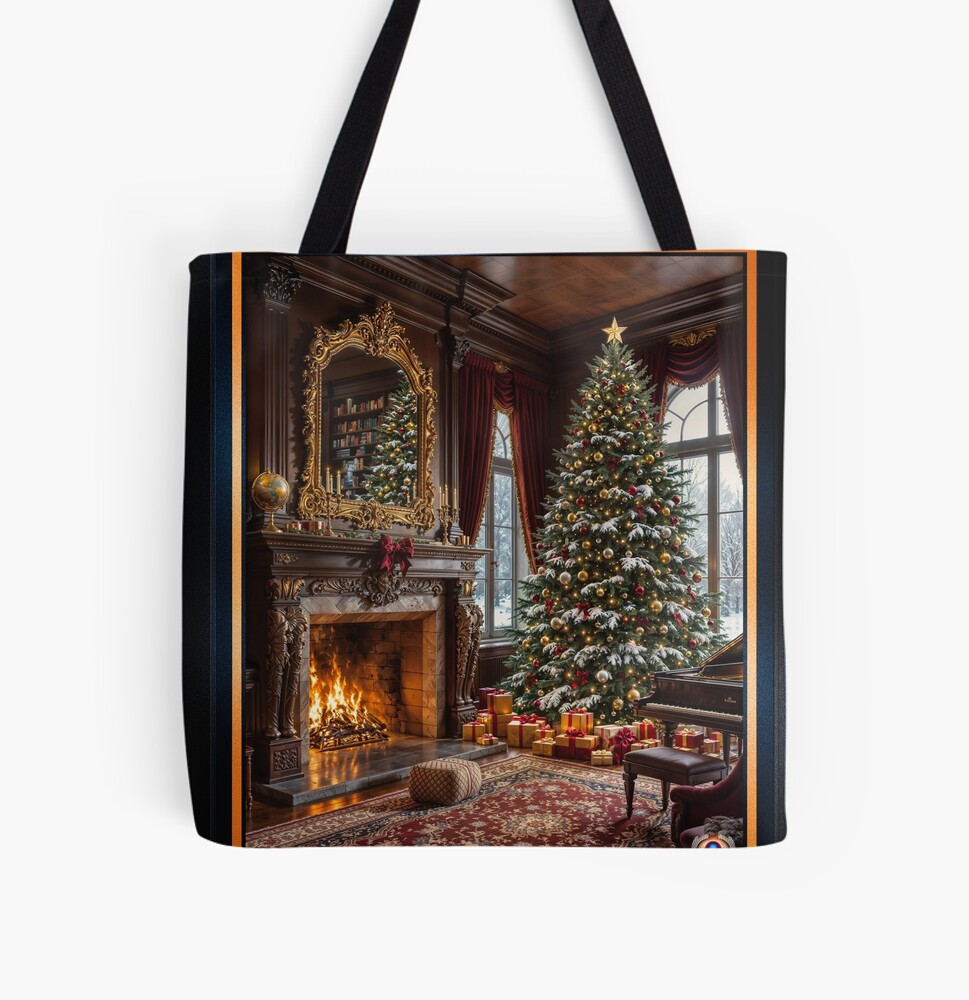 Enchanting Classic Christmas Elegance With A Grand Tree And Fireplace Wonderful AI Concept Art by Xzendor7 Decorative Art Print Tote Bag
