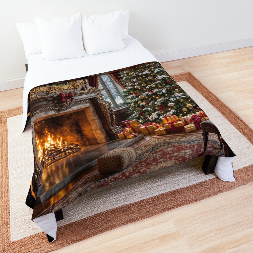 Enchanting Classic Christmas Elegance With A Grand Tree And Fireplace Wonderful AI Concept Art by Xzendor7 Decorative Art Print Comforter