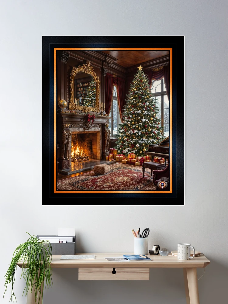 Enchanting Classic Christmas Elegance With A Grand Tree And Fireplace Wonderful AI Concept Art by Xzendor7 Wall Decor Poster Art Print