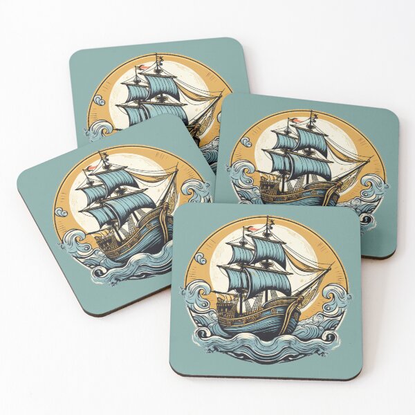 Item preview, Vintage Nautical Pirate Ship Artwork: Full Sail Adventure with Waves and Moon Backdrop designed and sold by Negative Vibes Only.