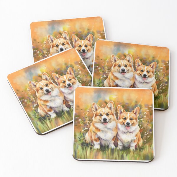 Item preview, Corgi Pair in Blooming Meadow – Watercolor Illustration -  happy corgi - love corgi, corgi puppies designed and sold by Pastel-Pulse.