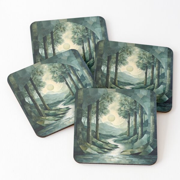 Item preview, Monochromatic Green Abstract Forest with Archway and River designed and sold by Moisky Art.