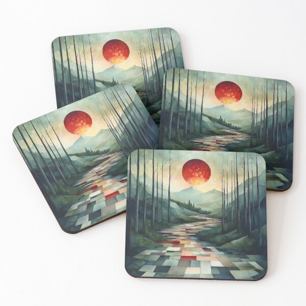 Item preview, Abstract Forest Landscape with Red Sun and Tiled Pathway designed and sold by Moisky Art.