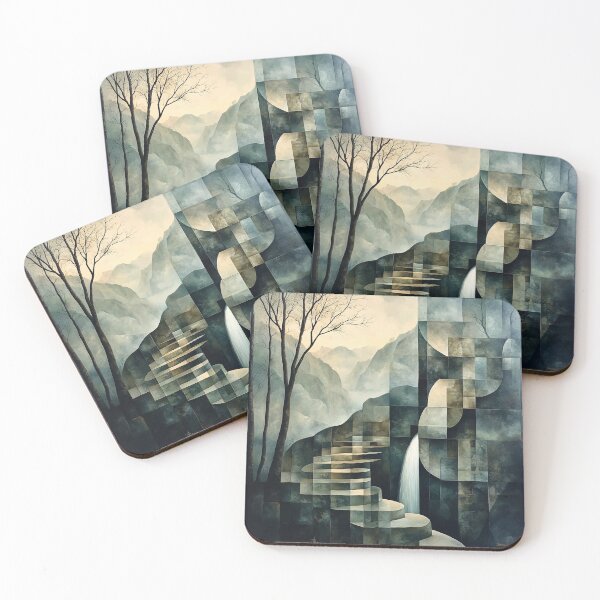 Item preview, Abstract Geometric Staircase with Waterfall and Misty Mountains designed and sold by Moisky Art.