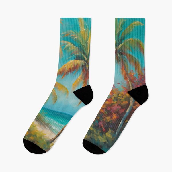 Aperçu de l'œuvre Motif artistique tropical avec palmiers et plage bleu sarcelle créée et vendue par SeaStarAlex.