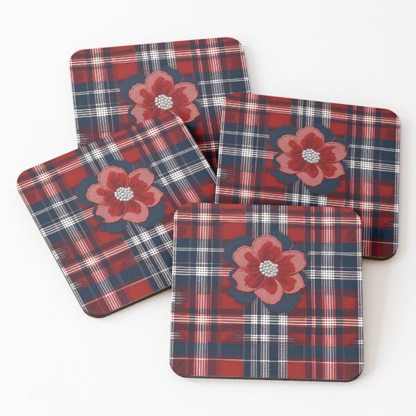 Item preview, Checkered Fabric With Blue And Red Embroidered Flower designed and sold by Ciervo Primavera.