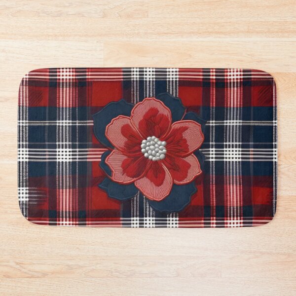 Item preview, Checkered Fabric With Blue And Red Embroidered Flower designed and sold by Ciervo Primavera.