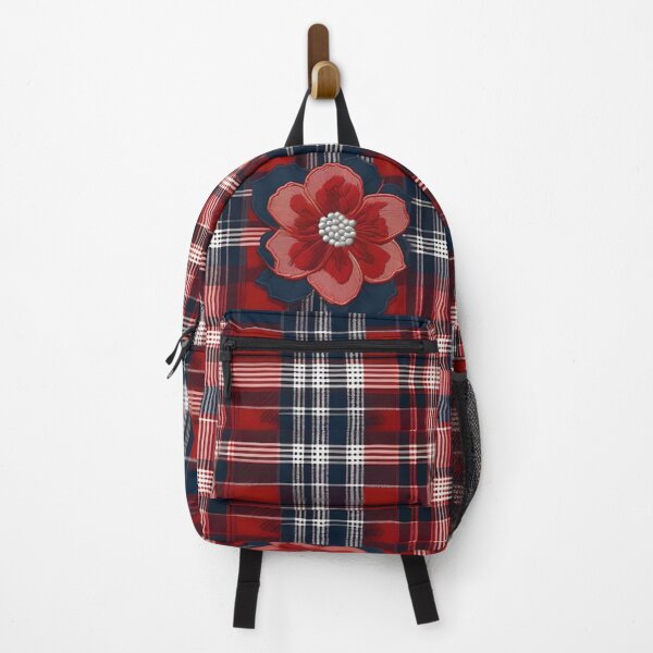Item preview, Checkered Fabric With Blue And Red Embroidered Flower designed and sold by Ciervo Primavera.
