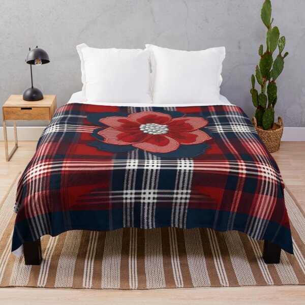 Item preview, Checkered Fabric With Blue And Red Embroidered Flower designed and sold by Ciervo Primavera.