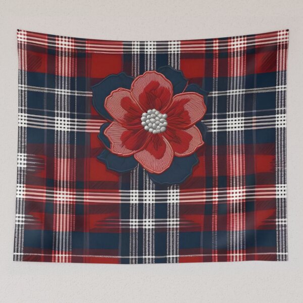 Item preview, Checkered Fabric With Blue And Red Embroidered Flower designed and sold by Ciervo Primavera.
