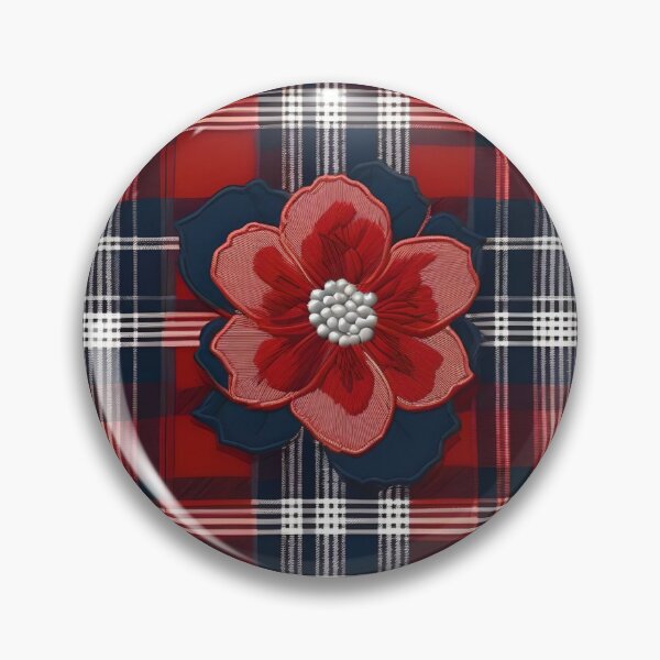 Item preview, Checkered Fabric With Blue And Red Embroidered Flower designed and sold by Ciervo Primavera.
