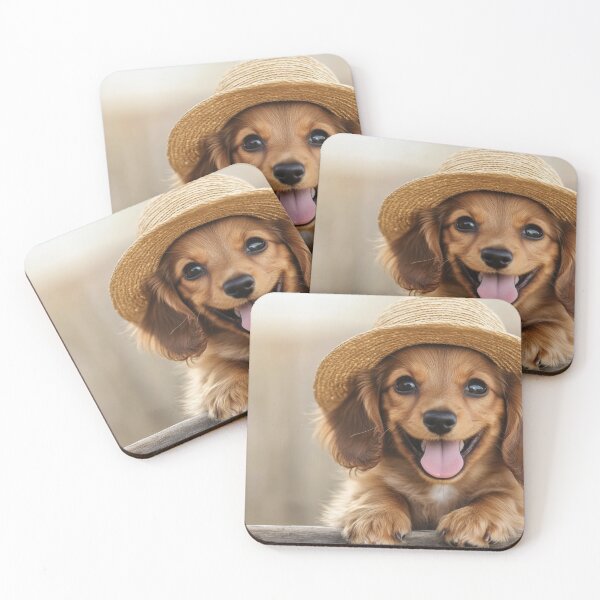 Item preview, Adorable Longhaired Dachshund Puppy Wearing Huge Straw Hat designed and sold by DigiCre8.