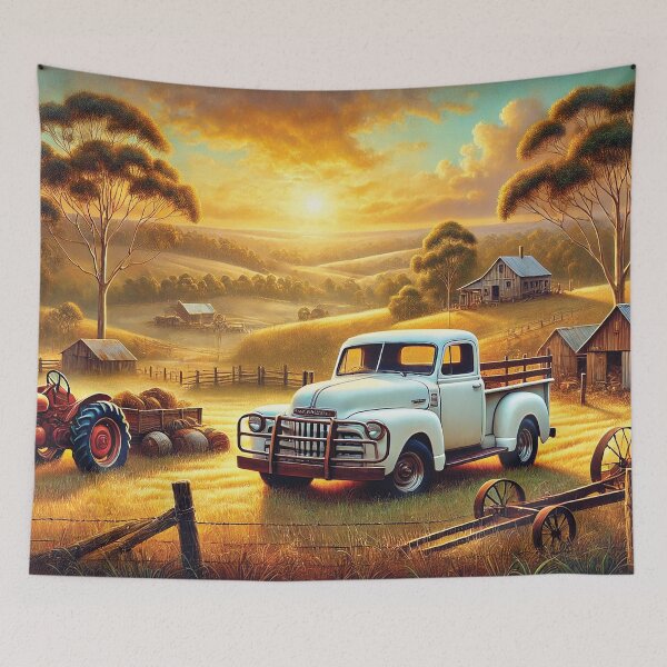 Item preview, An Australian rural-themed painting featuring a vintage white pickup truck designed and sold by Random Designs.